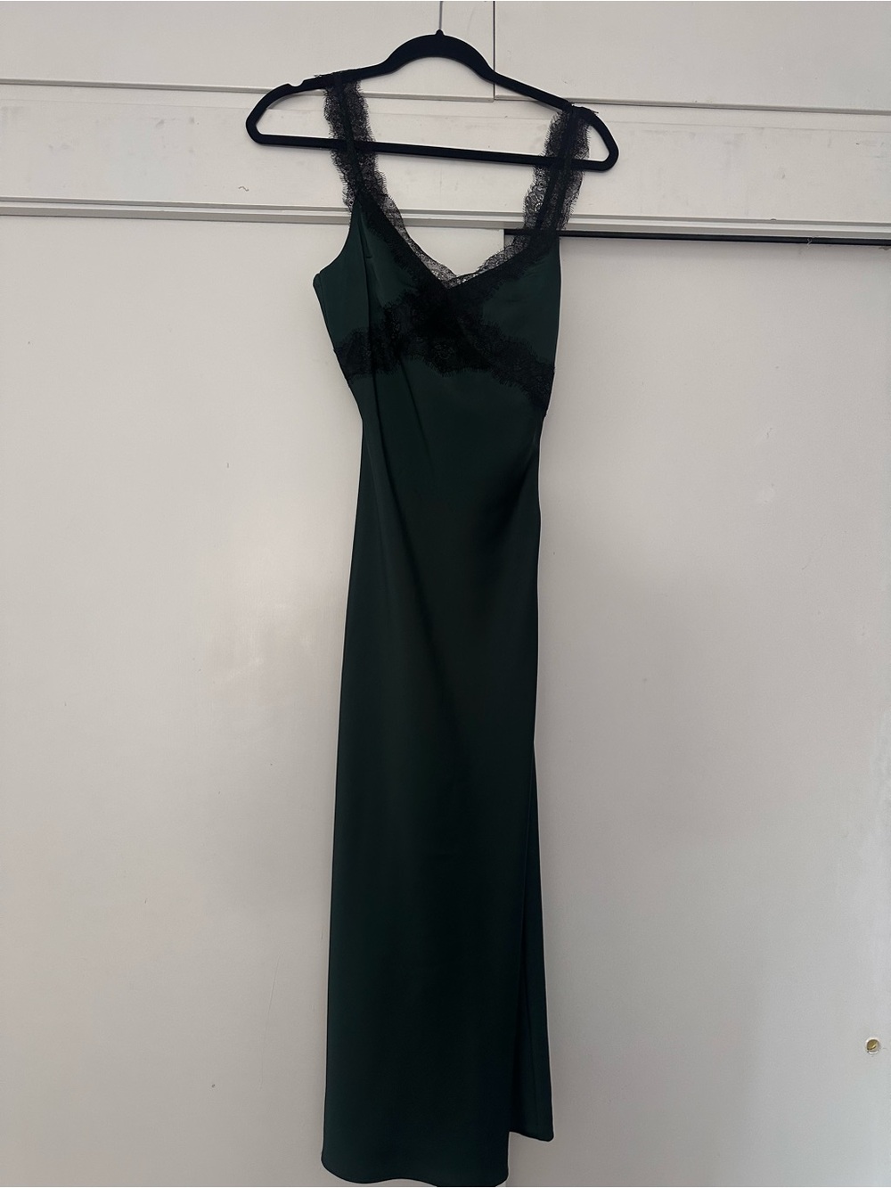 MINKPINK Dark Green Slip Midi Dress with Black Lace Trim
